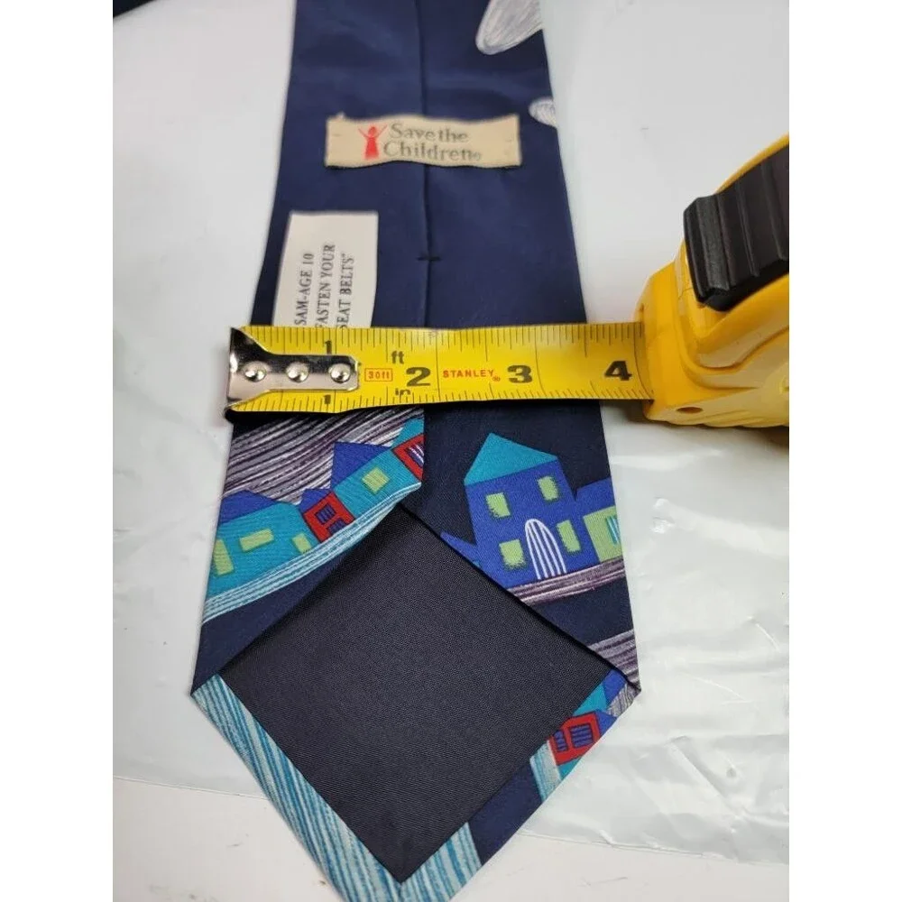 Save the Children Mens Silk Tie Navy Blue Airplane Houses Art Sam Age 10